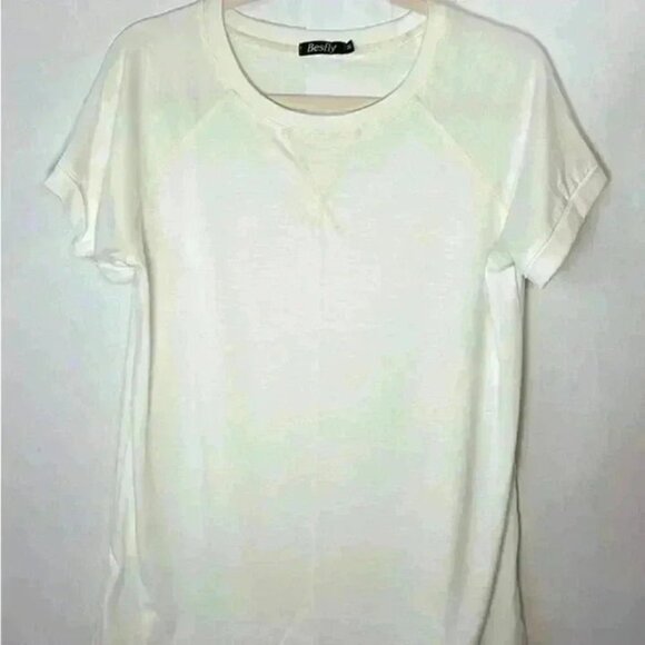 BESFLY WOMENS SOFT CREWNECK CUFFED SHORT SLEEVE TOP LIGHTWEIGHT OFF WHITE SIZE M - Picture 1 of 9